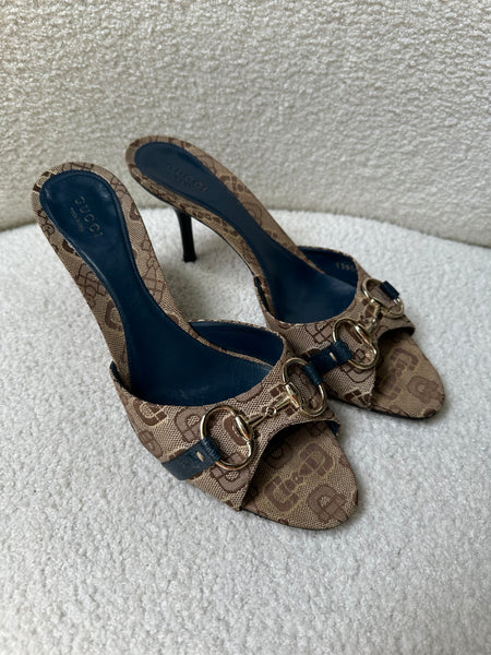 Gucci Monogram Blue Mules Size 39