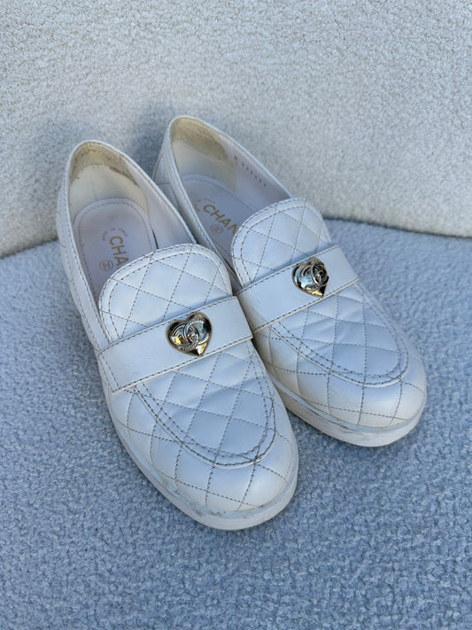 Chanel Quilted White CC Loafers Size 40