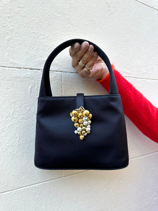 Salvatore Ferragamo Black Satin Bead Bag