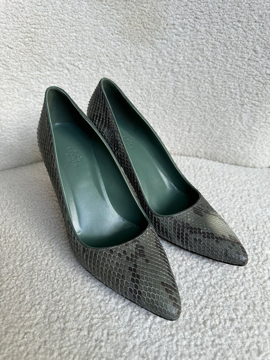 Hermes Green Snake Print Pumps Size 40