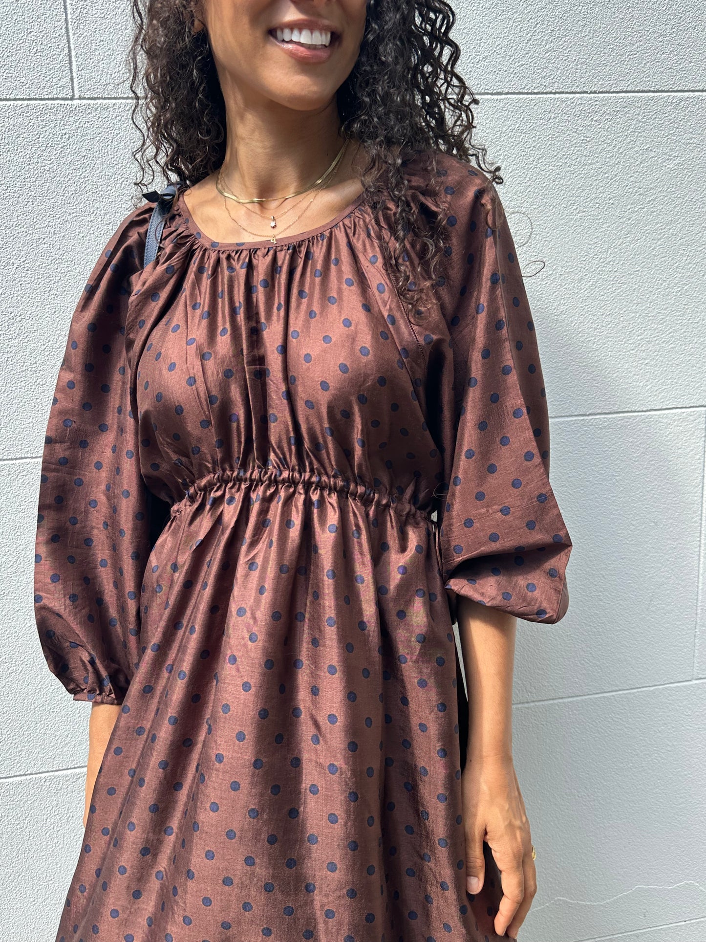 Bunon Brown Navy Spot Dress Size M