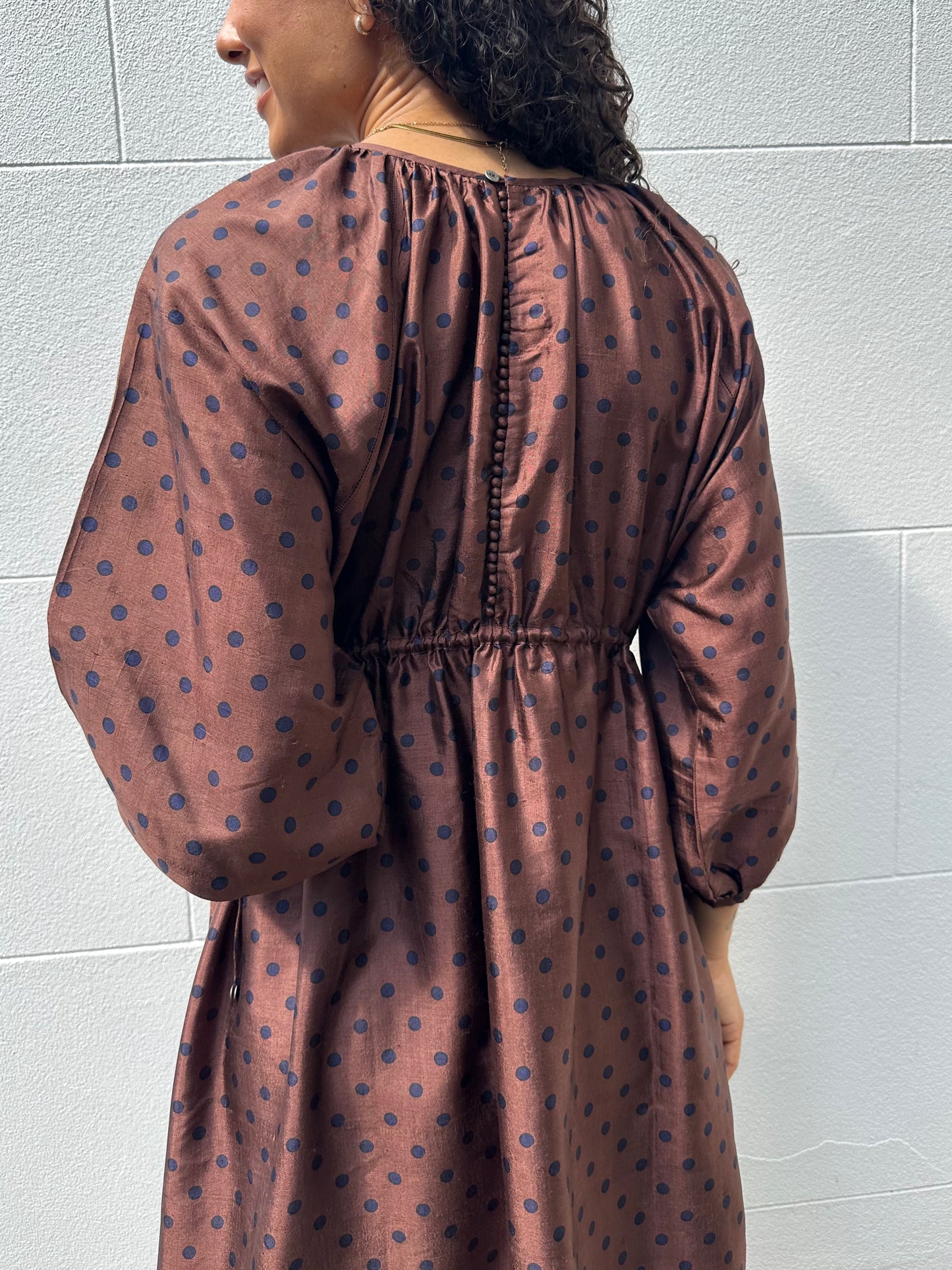 Bunon Brown Navy Spot Dress Size M