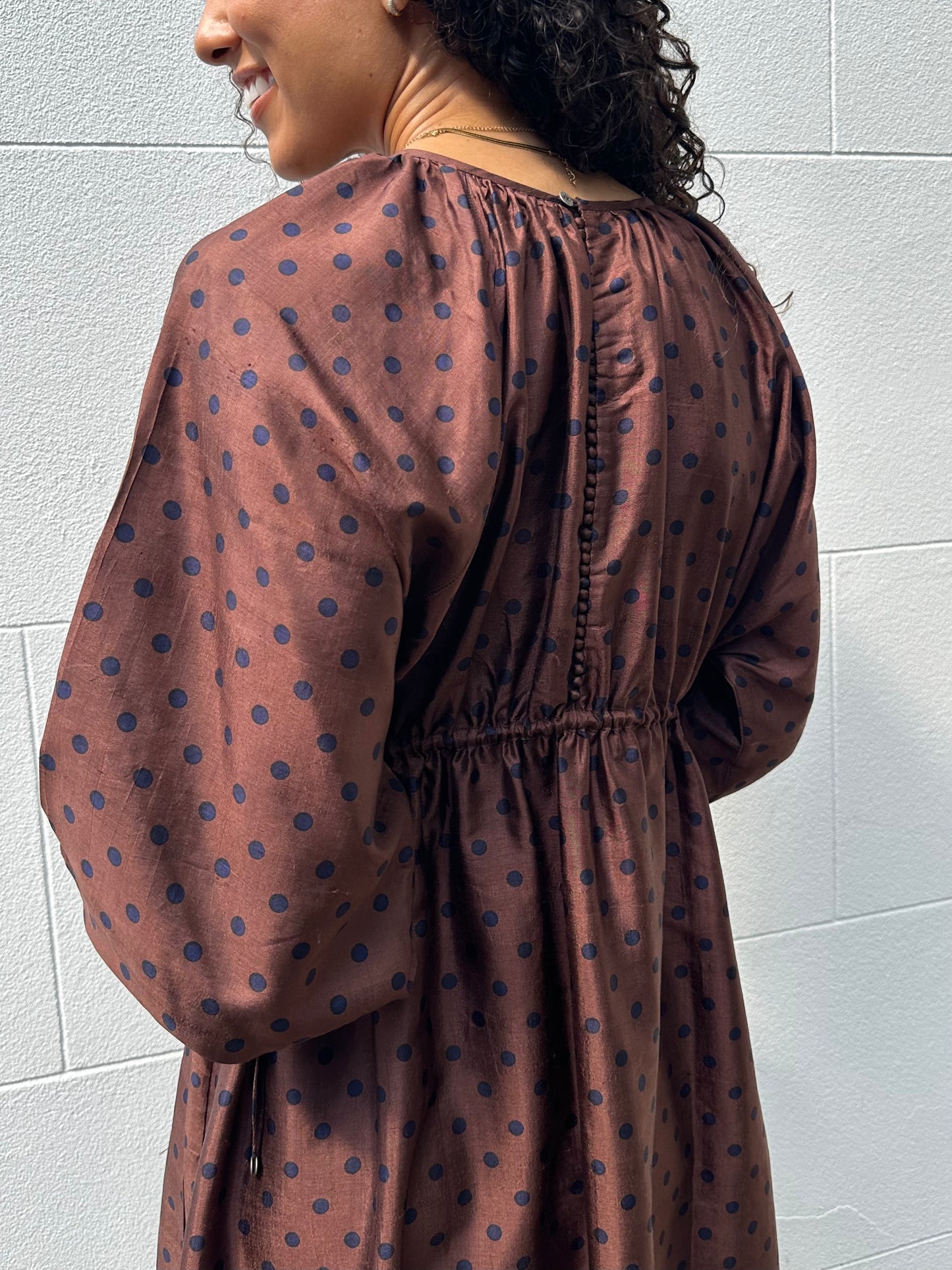 Bunon Brown Navy Spot Dress Size M
