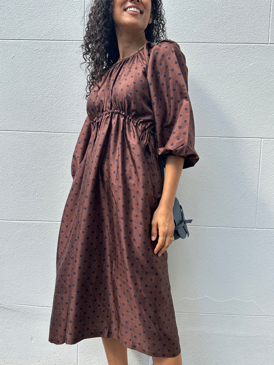 Bunon Brown Navy Spot Dress Size M