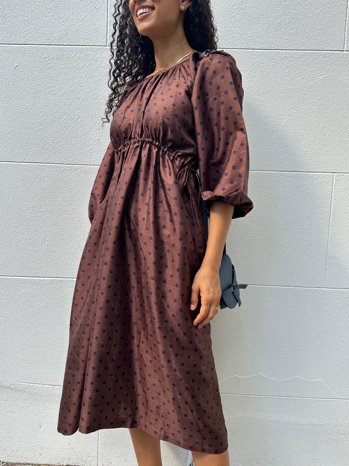 Bunon Brown Navy Spot Dress Size M