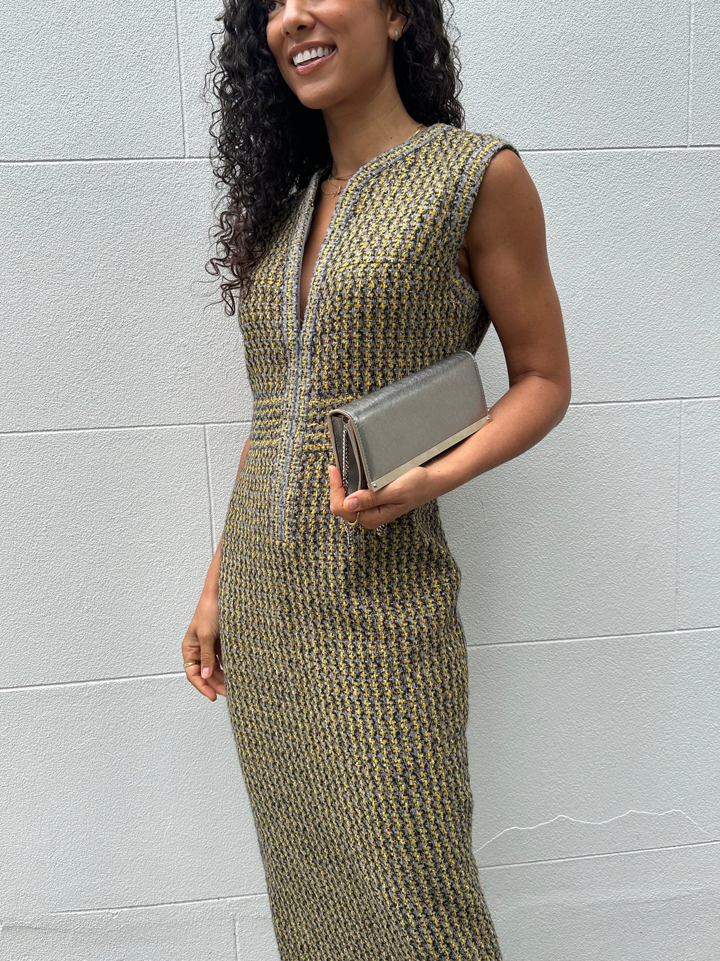 Chanel Gold Grey Tweed Dress Size 40