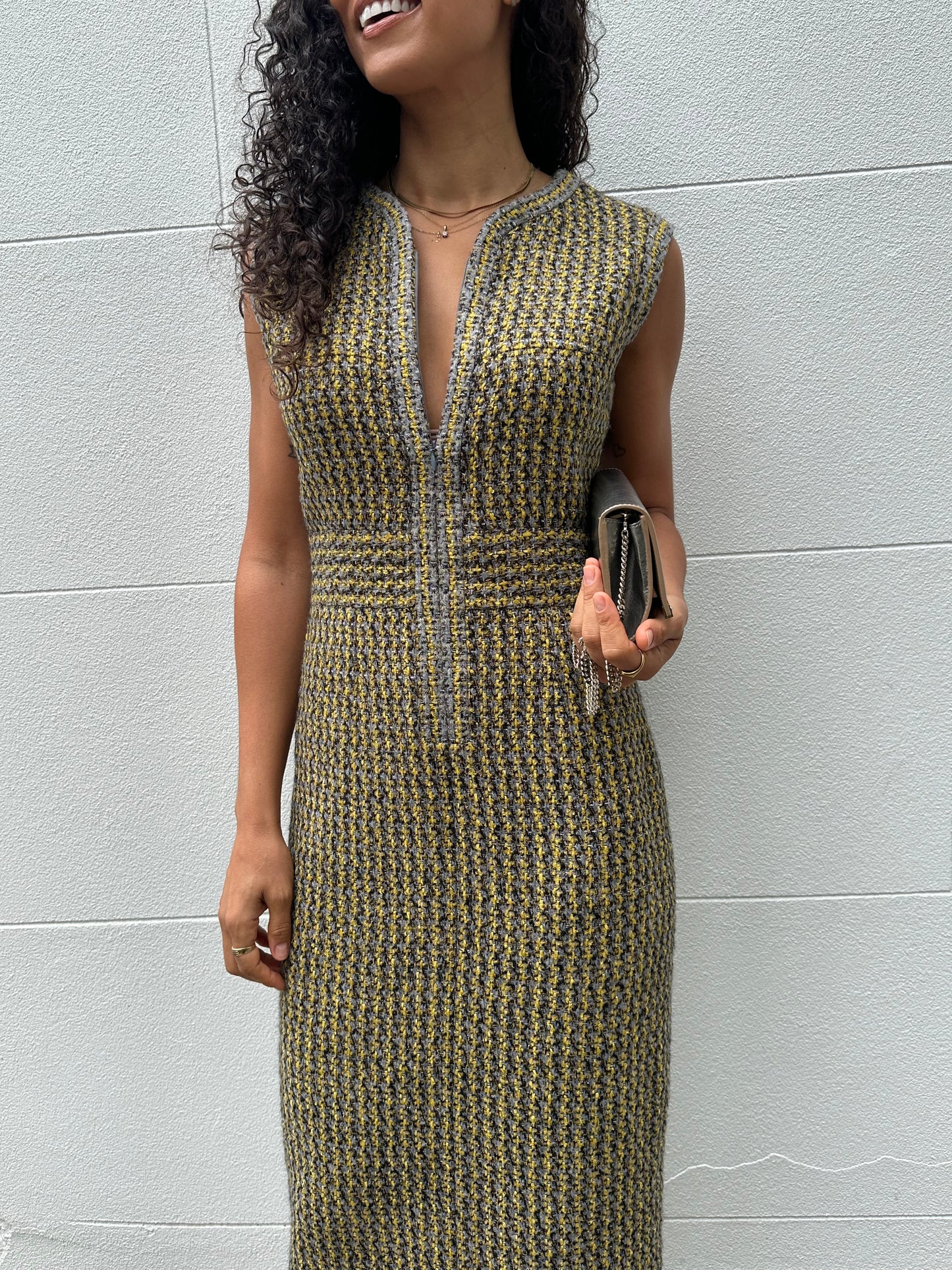 Chanel Gold Grey Tweed Dress Size 40