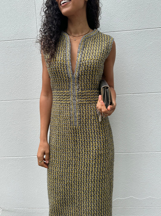 Chanel Gold Grey Tweed Dress Size 40