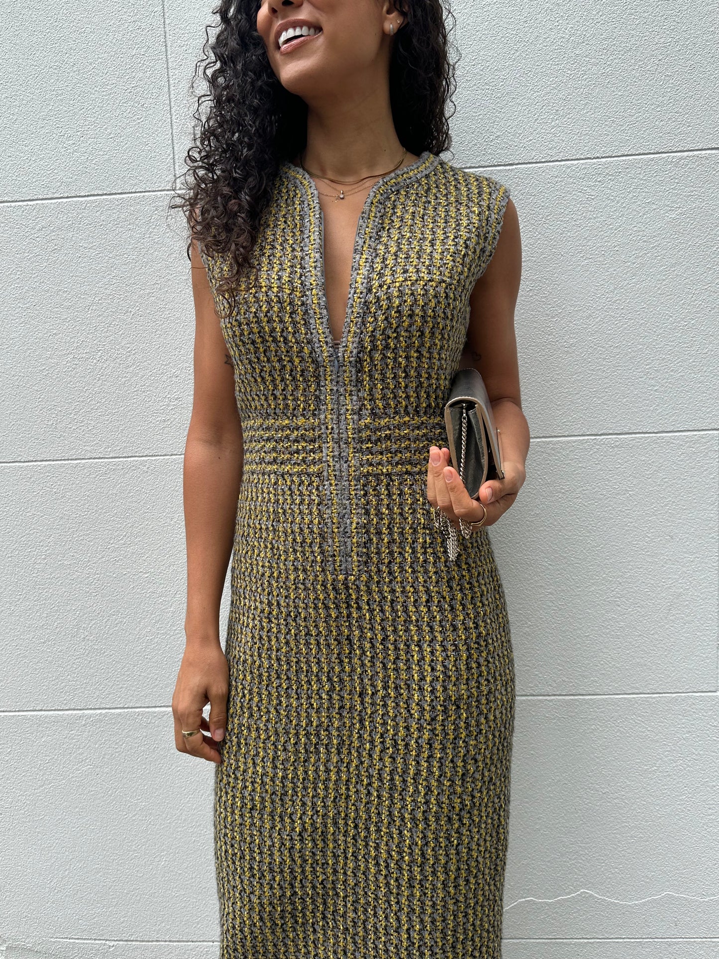 Chanel Gold Grey Tweed Dress Size 40