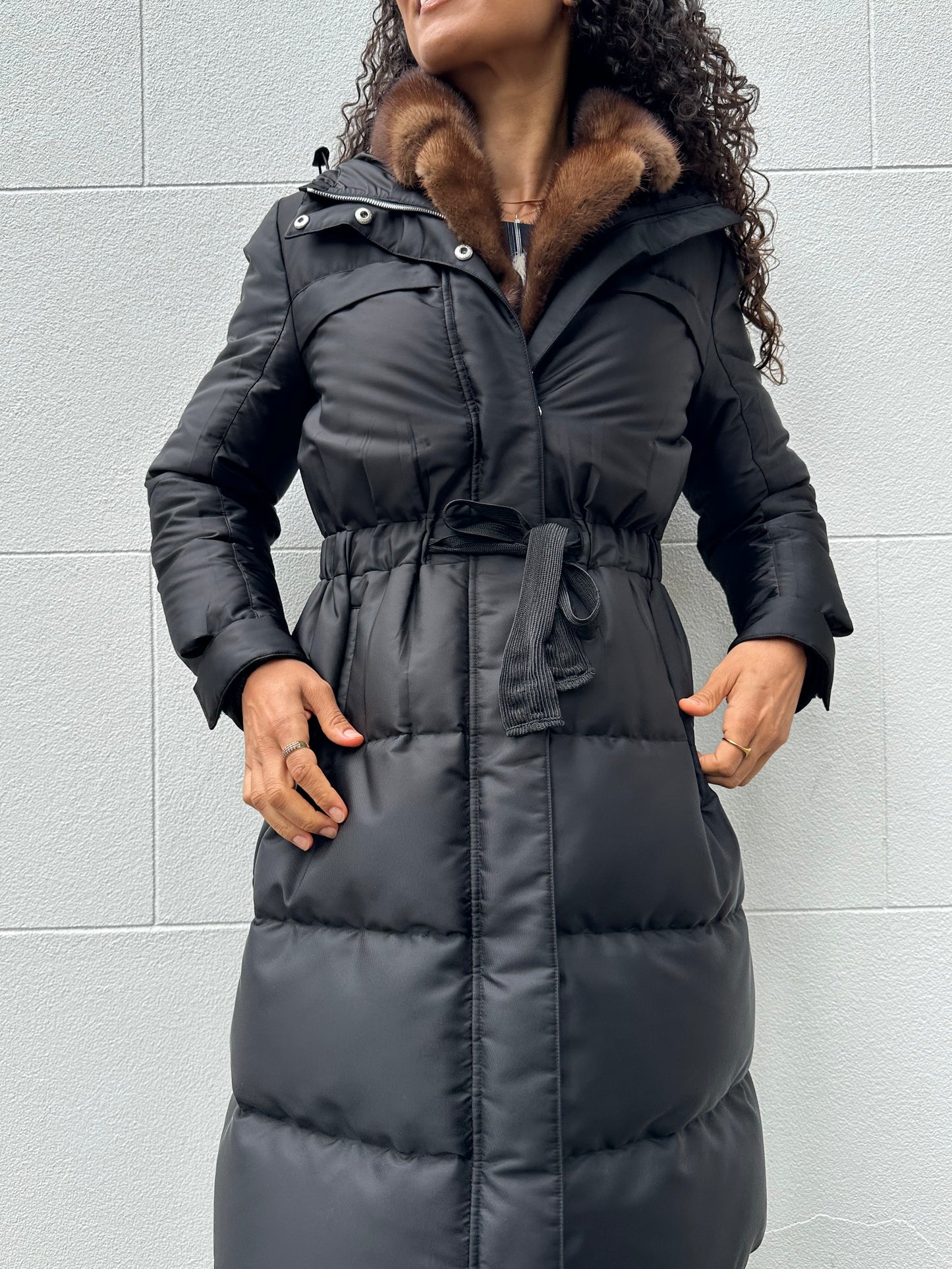 Prada Black Fur Trim Puffer Coat Size 40