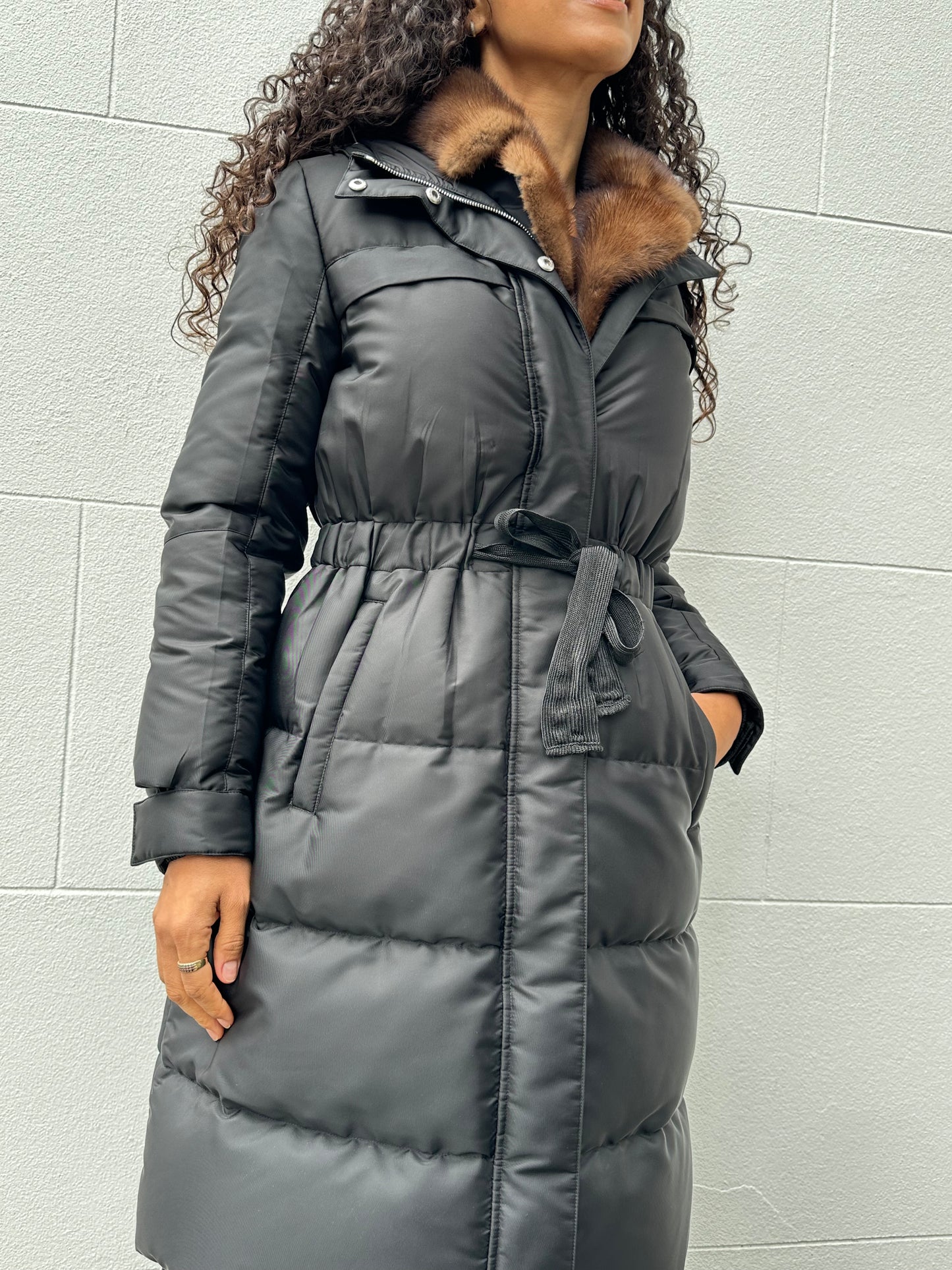 Prada Black Fur Trim Puffer Coat Size 40