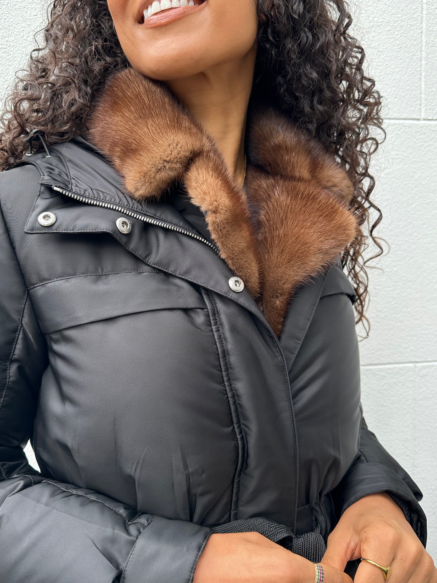 Prada Black Fur Trim Puffer Coat Size 40