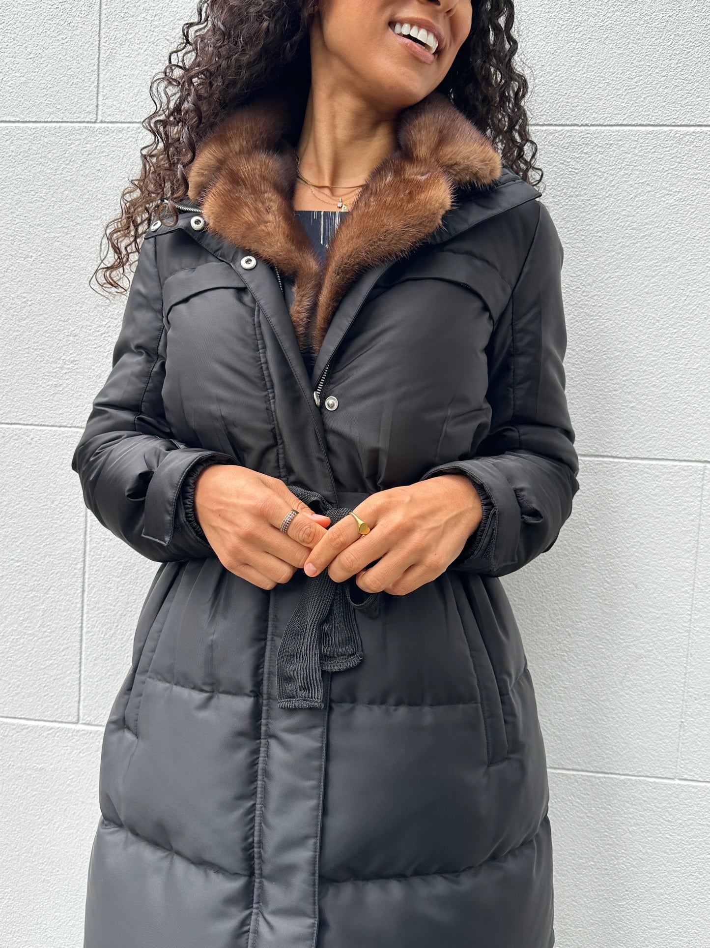 Prada Black Fur Trim Puffer Coat Size 40