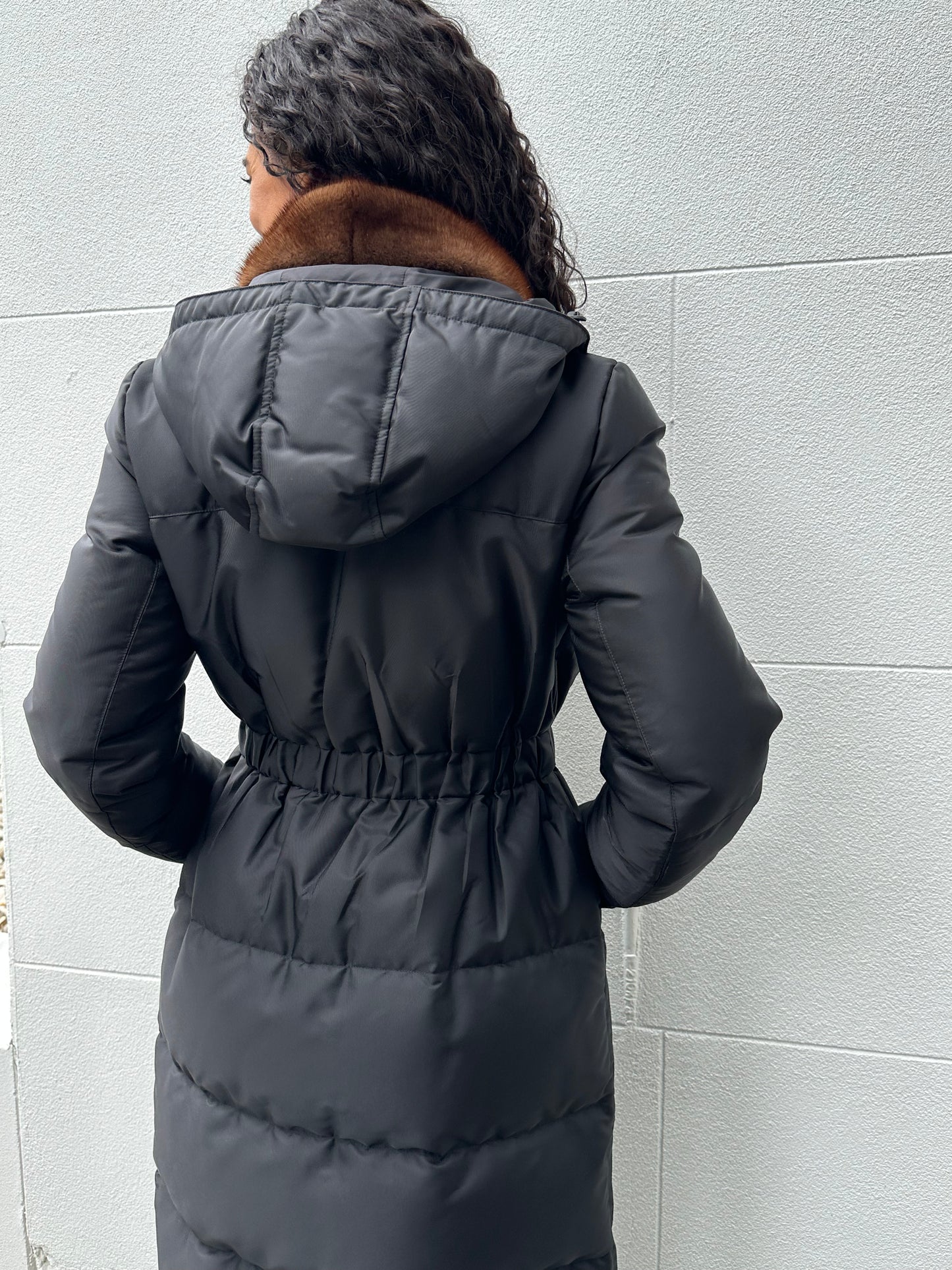 Prada Black Fur Trim Puffer Coat Size 40