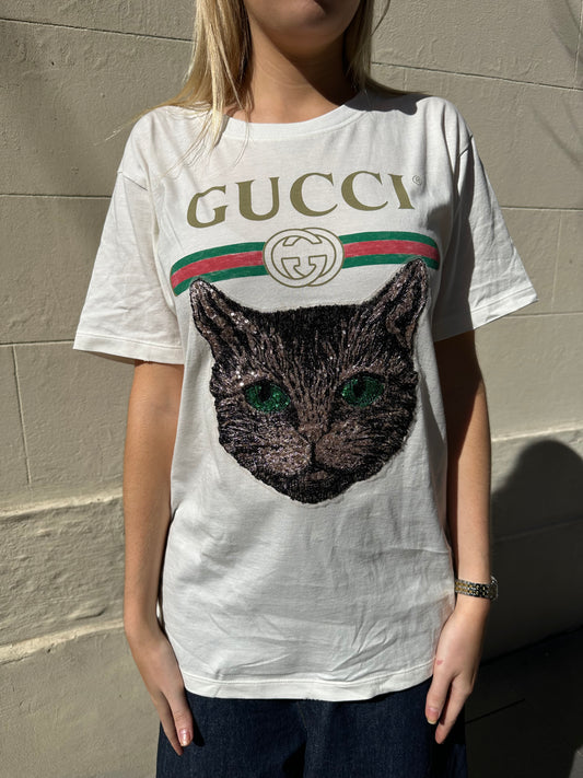 Gucci Sequinned Cat White Shirt Size XS