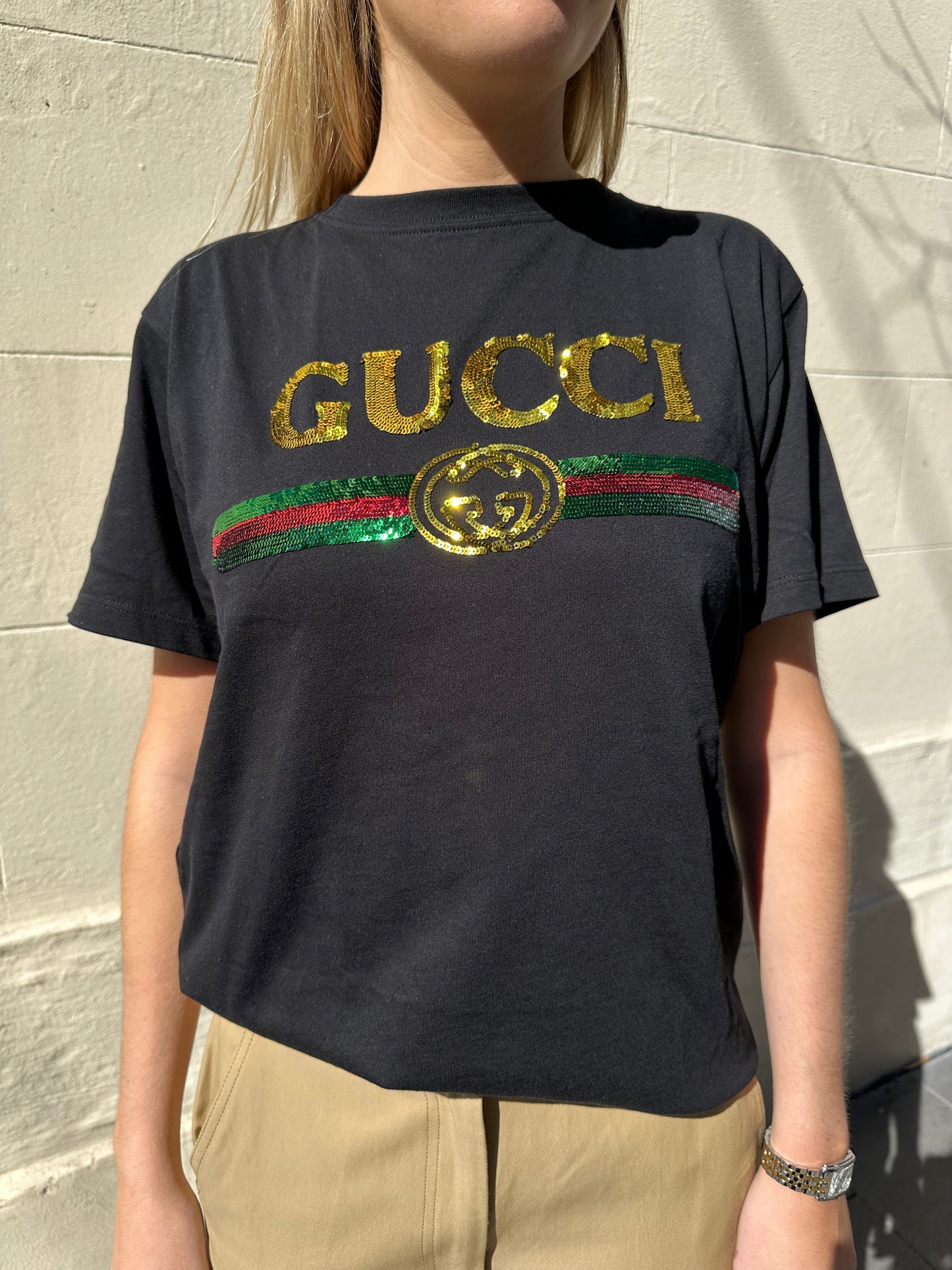 Gucci Black Sequinned GG Cat T-Shirt Size XS