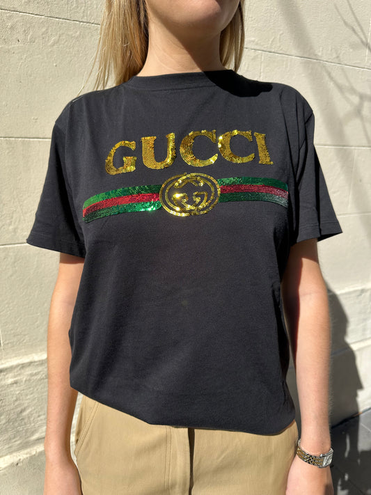 Gucci Black Sequinned GG Cat T-Shirt Size XS