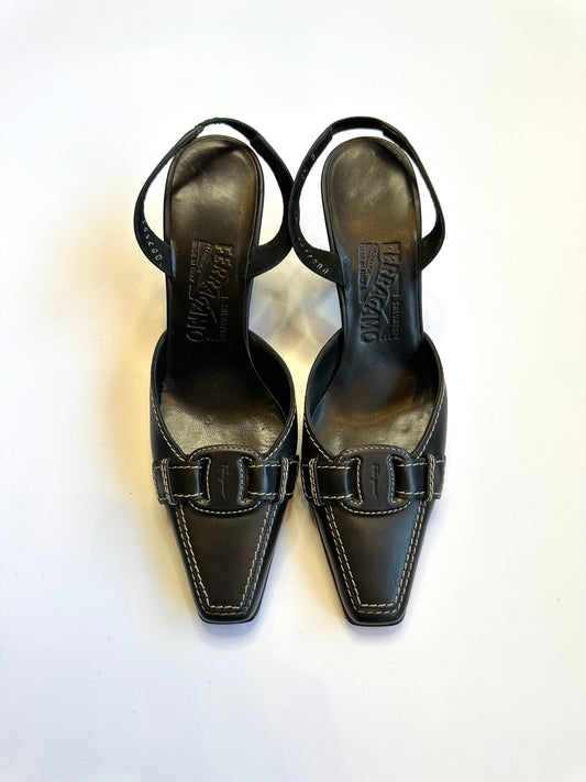 Salvatore Ferragamo Black Stitch Slingbacks Size 35.5