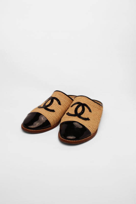 Chanel Raffia Logo Mules Size 39