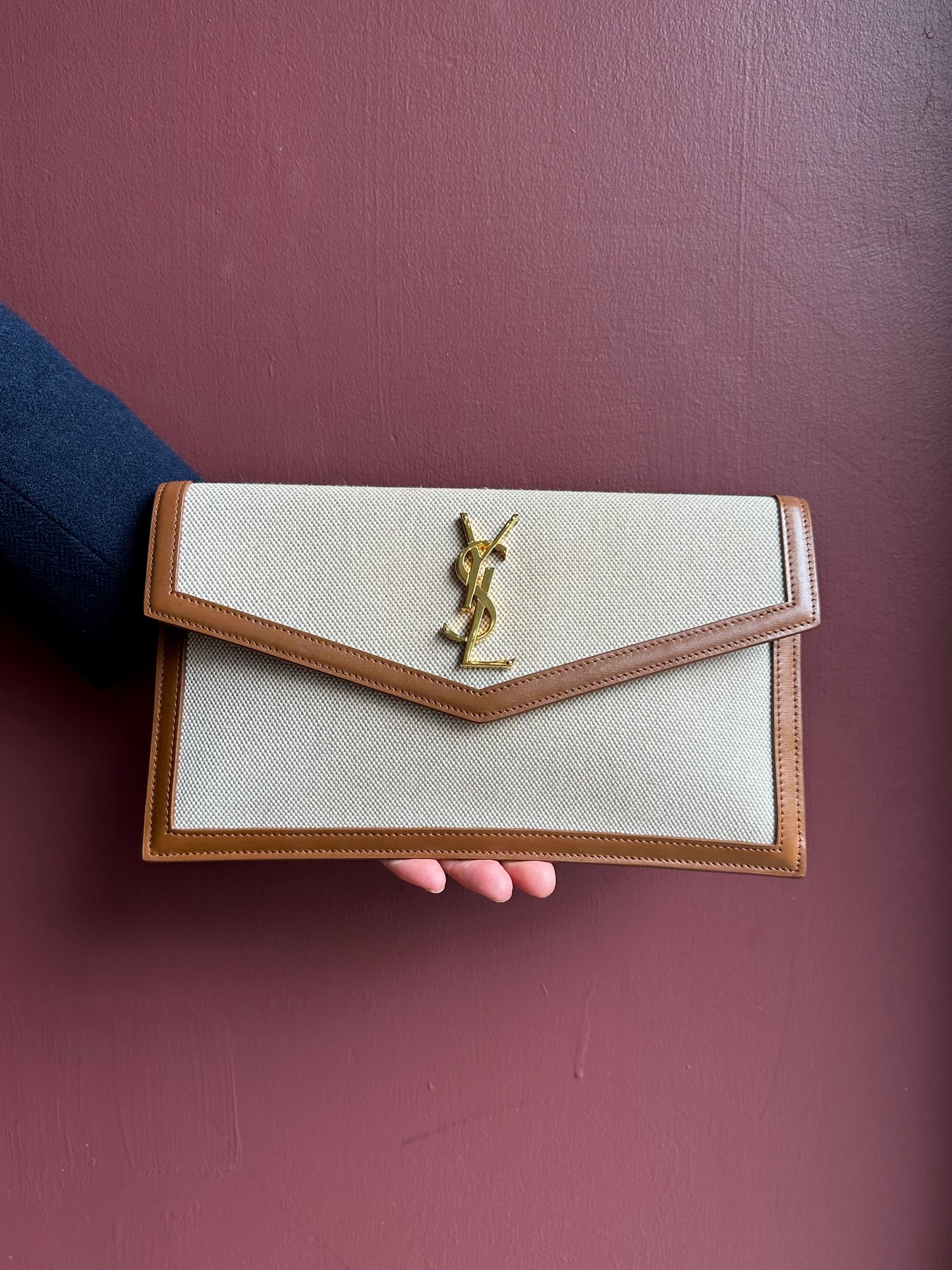 YSL Cloth Tan Trim Clutch Bag
