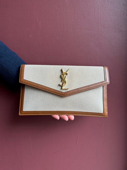 YSL Cloth Tan Trim Clutch Bag