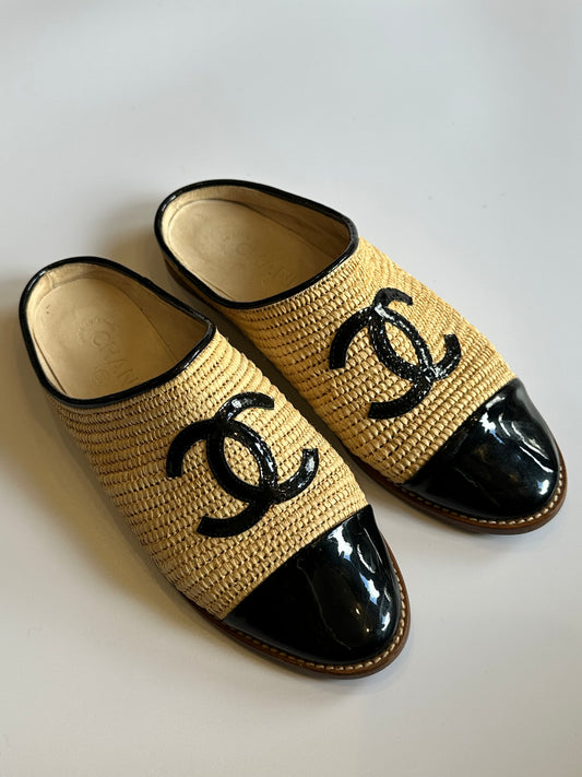 Chanel Raffia Logo Mules Size 39