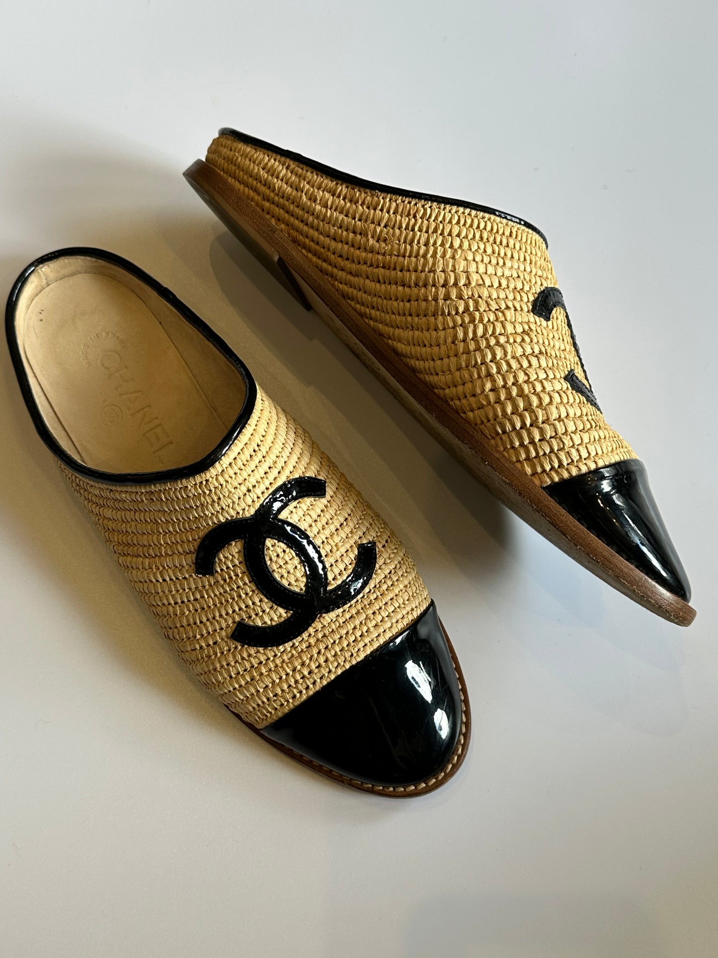 Chanel Raffia Logo Mules Size 39