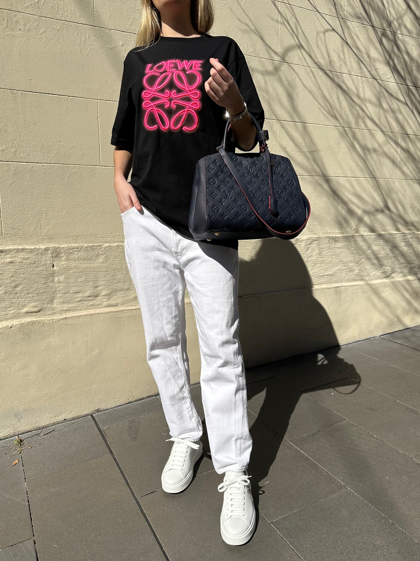 Loewe Neon Pink Logo Black T-Shirt Size S