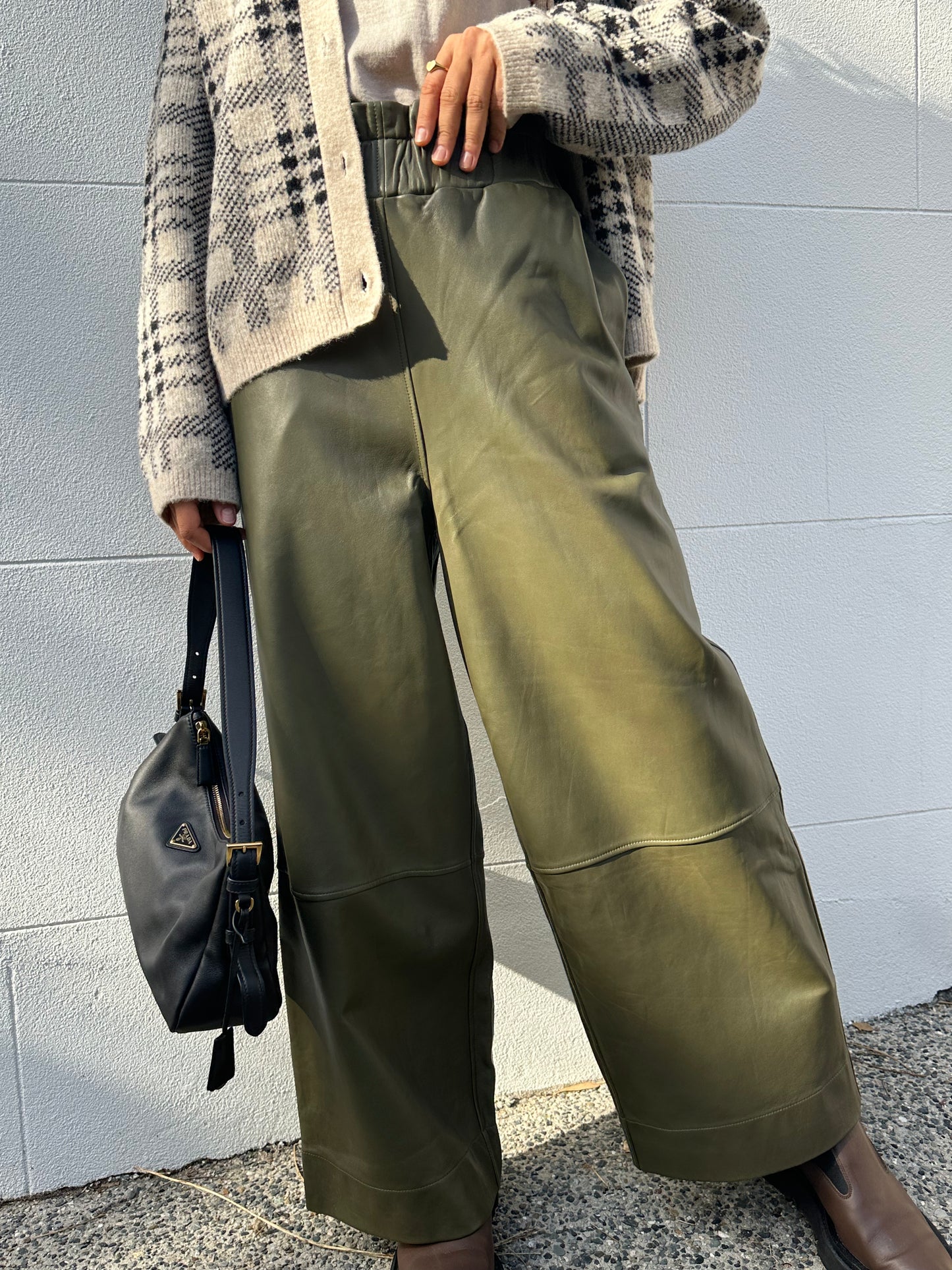 Ganni Olive Wide Leather Pant Size 40