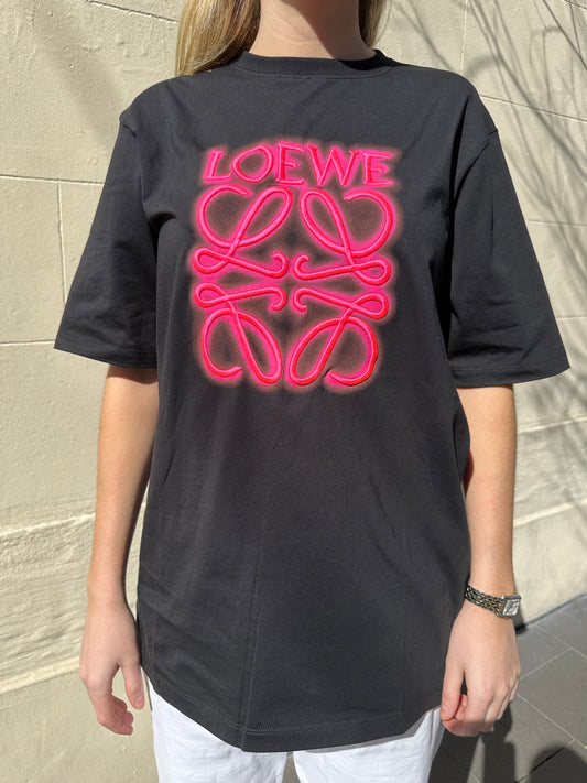 Loewe Neon Pink Logo Black T-Shirt Size S