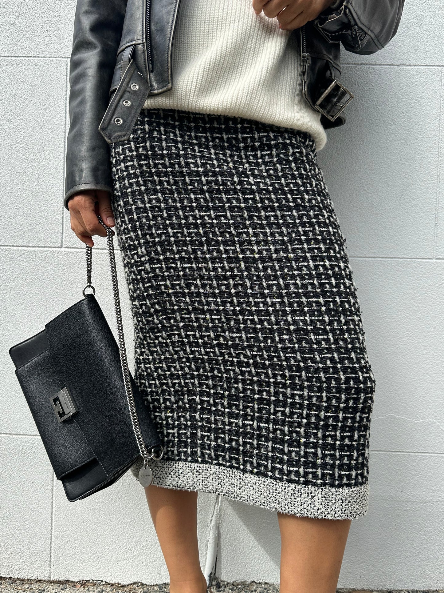 Chanel Long Black Lime Tweed Skirt Size 40