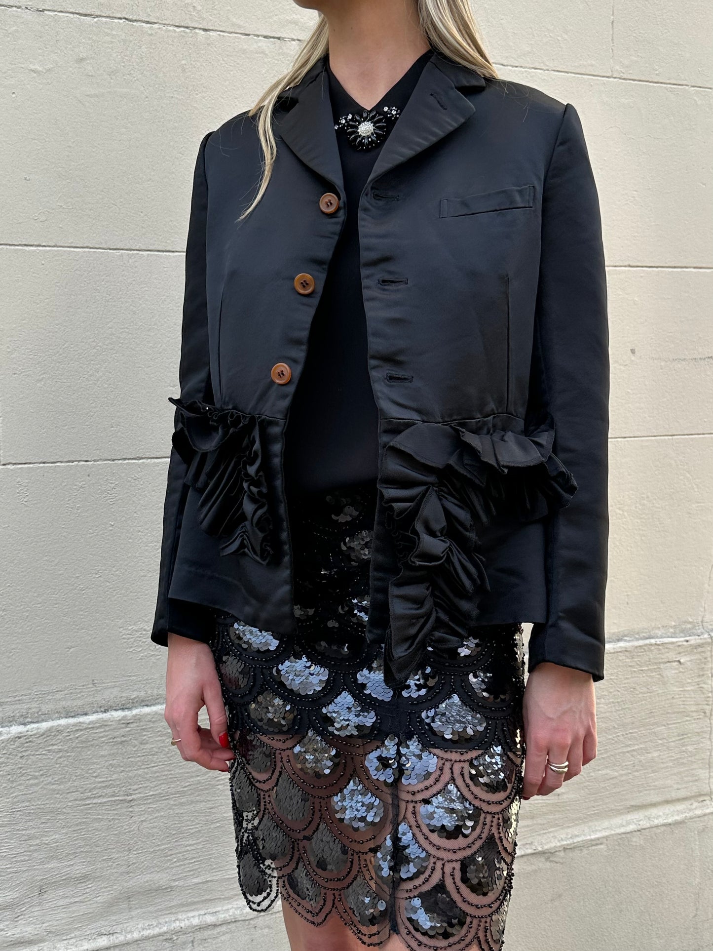 Comme Des Garcon Black Satin Frill Jacket Size S