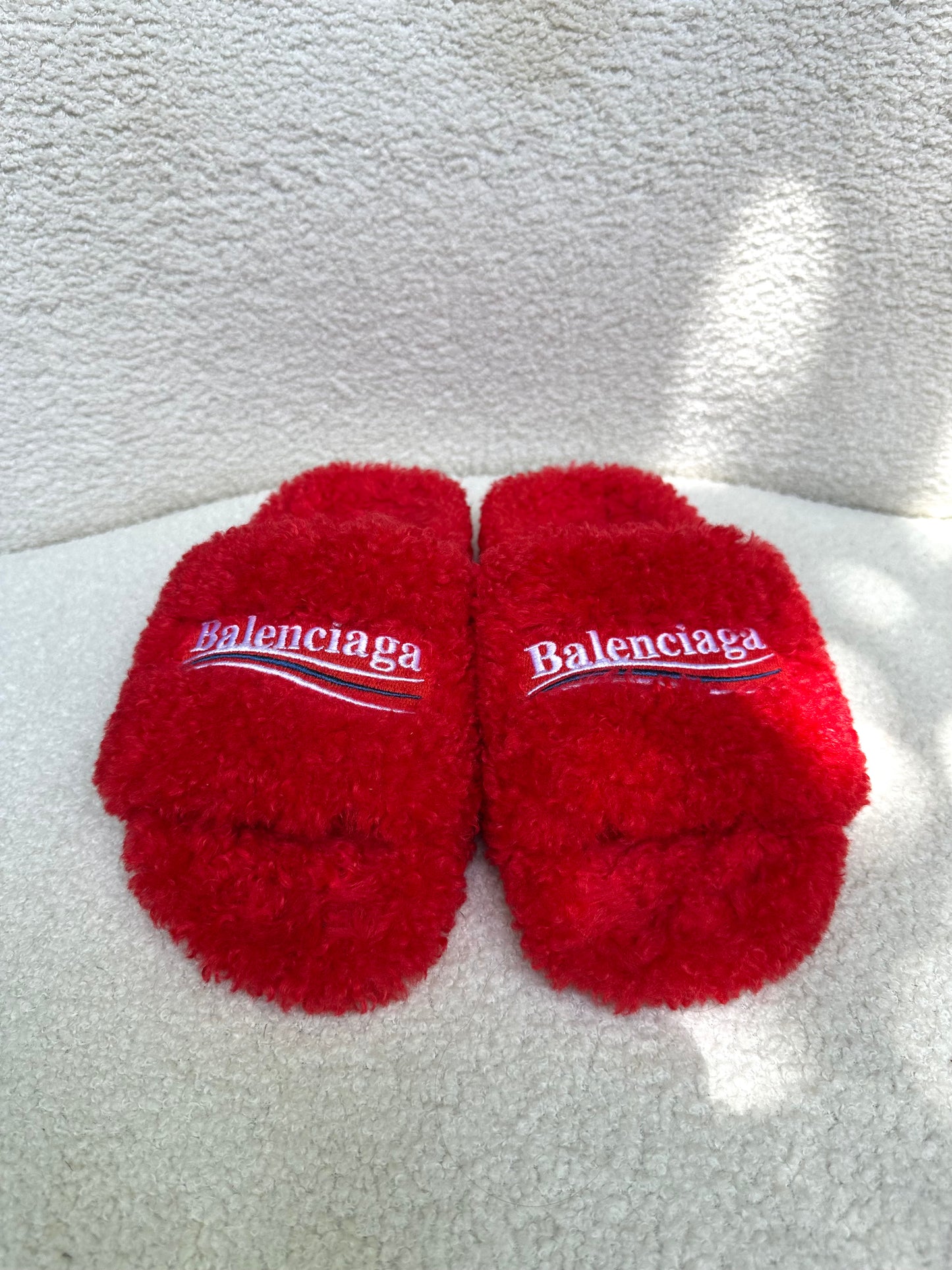 Balenciaga Red Shearling Slides Size 36