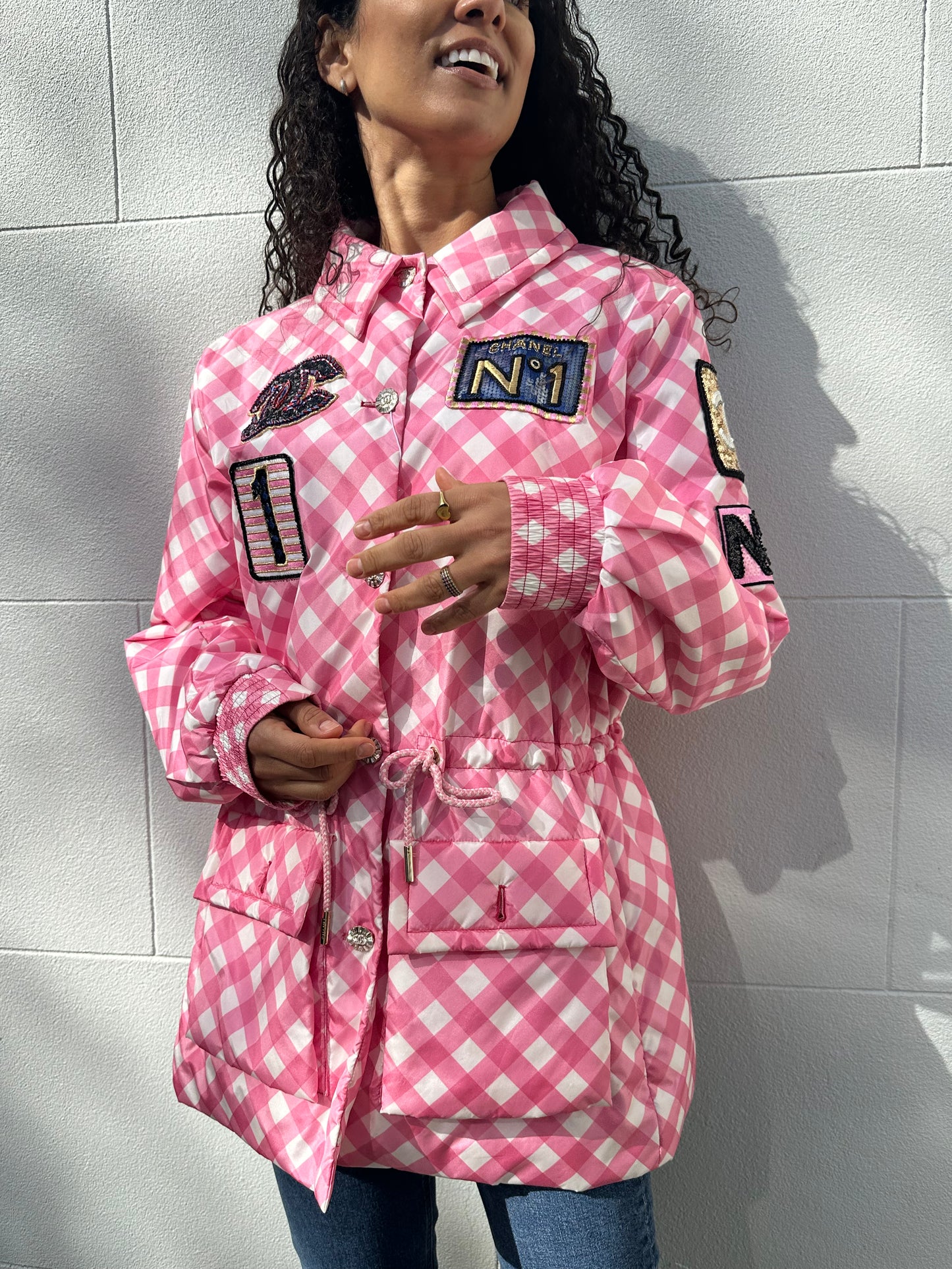 Chanel Pink Check Sequinned Jacket Size 46
