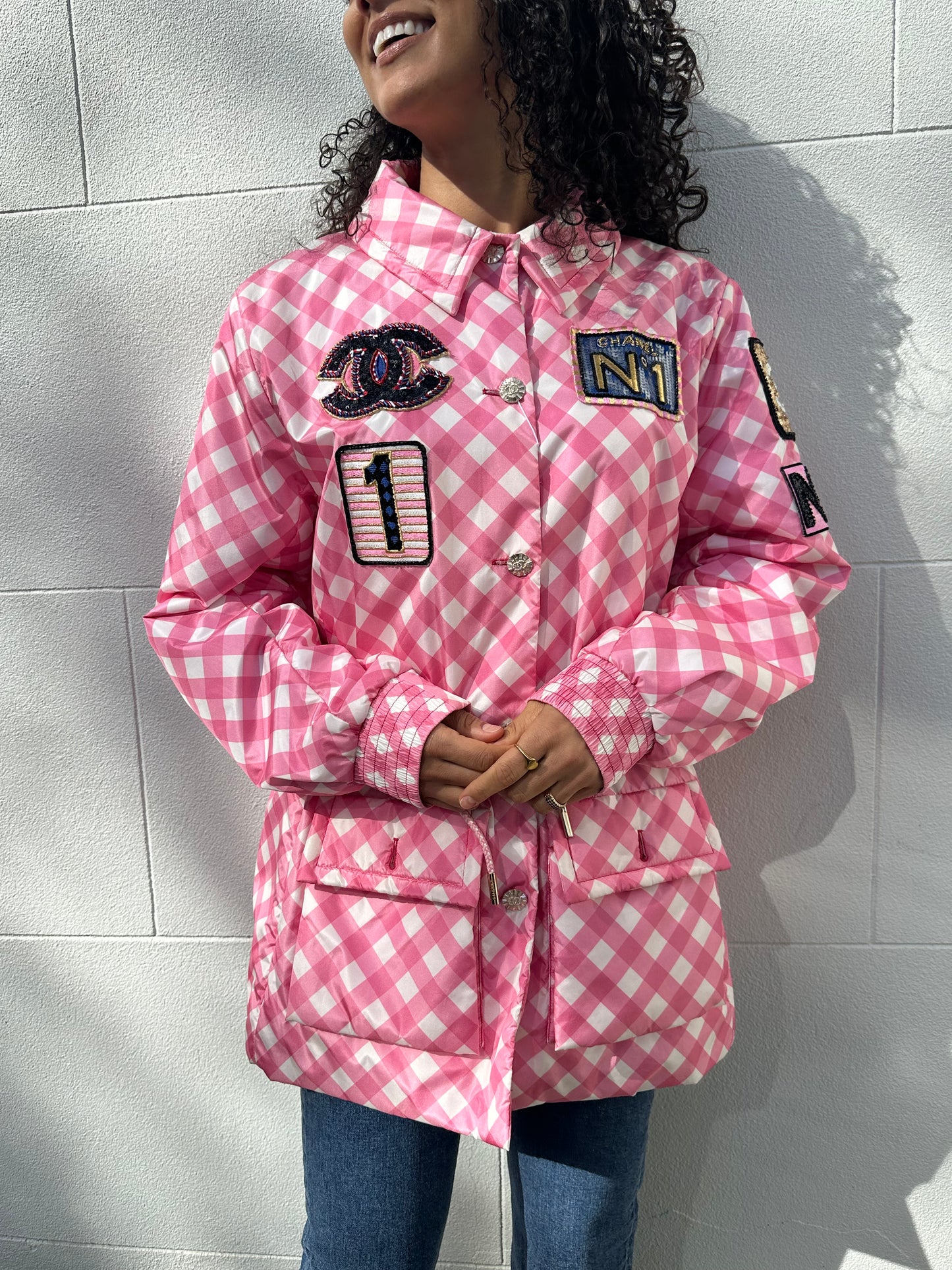Chanel Pink Check Sequinned Jacket Size 46