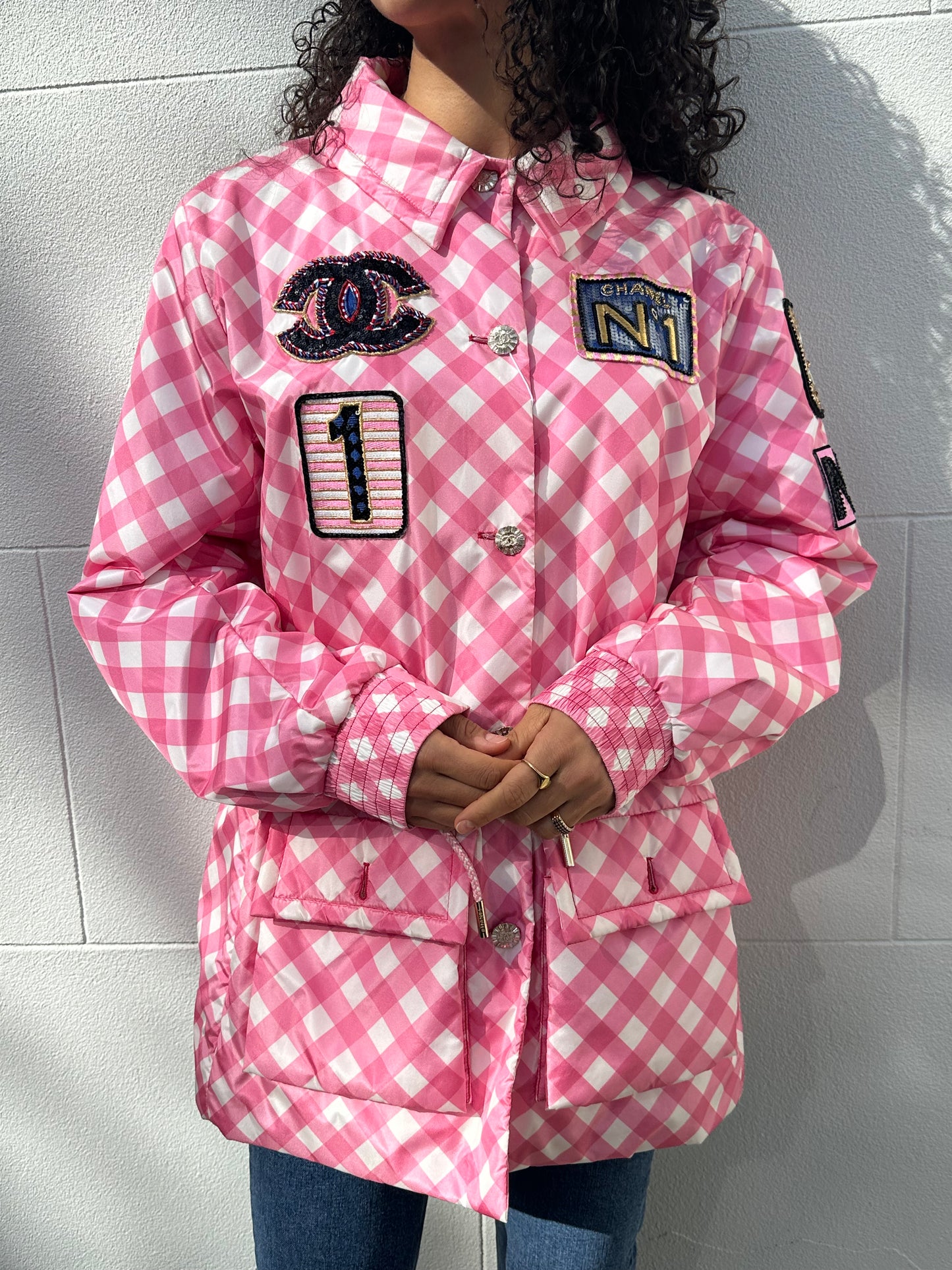 Chanel Pink Check Sequinned Jacket Size 46