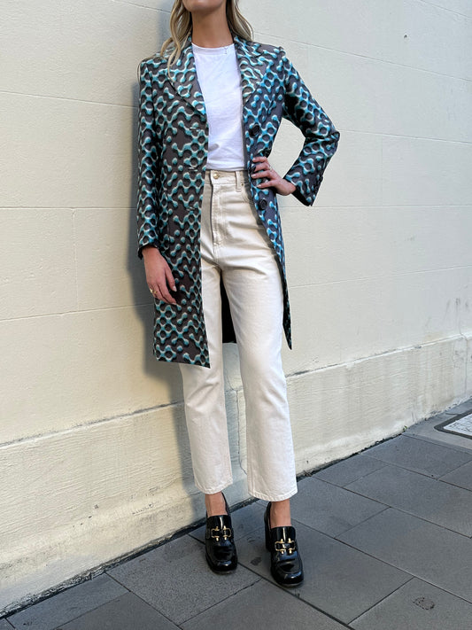 Prada Blue Geo Print Coat Size 40