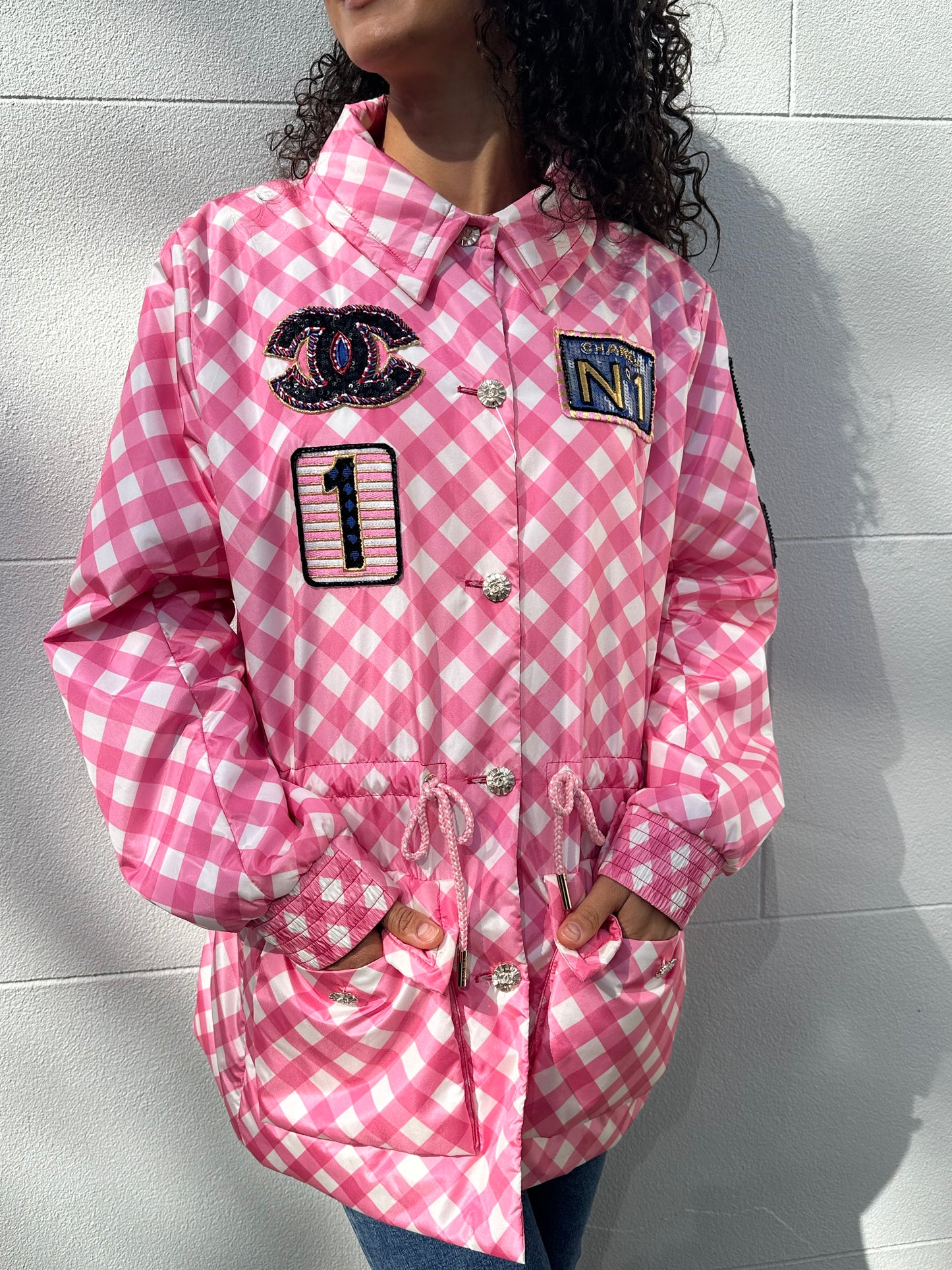 Chanel Pink Check Sequinned Jacket Size 46
