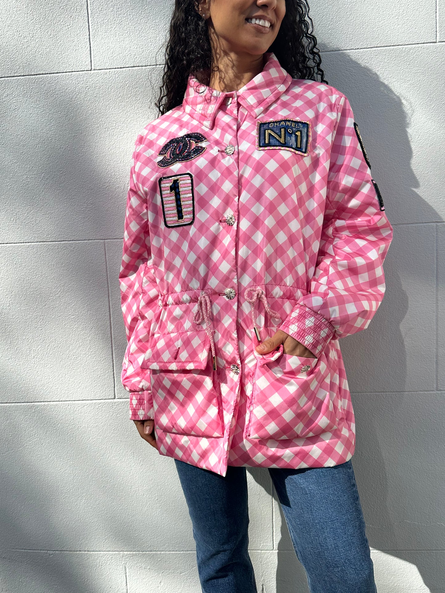 Chanel Pink Check Sequinned Jacket Size 46