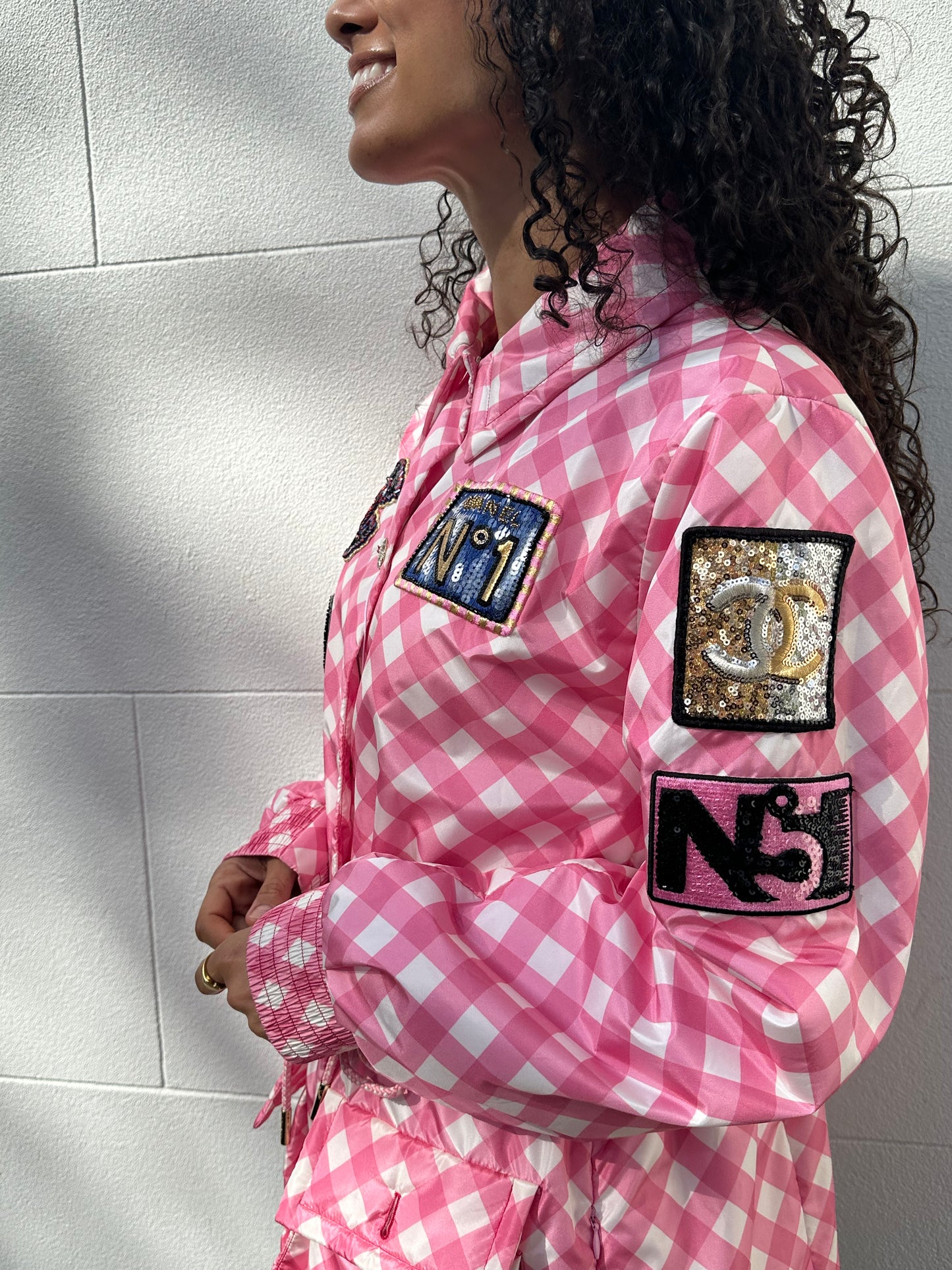 Chanel Pink Check Sequinned Jacket Size 46