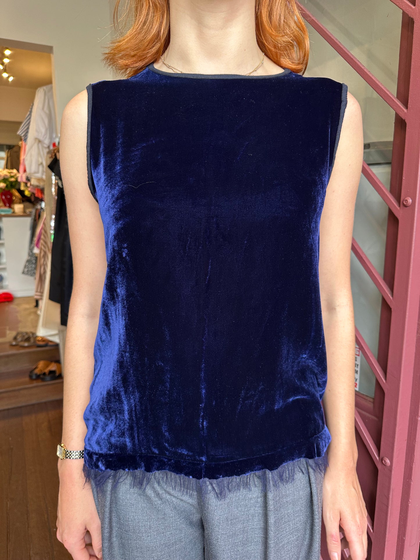 By Freer Navy Velvet Top Size S