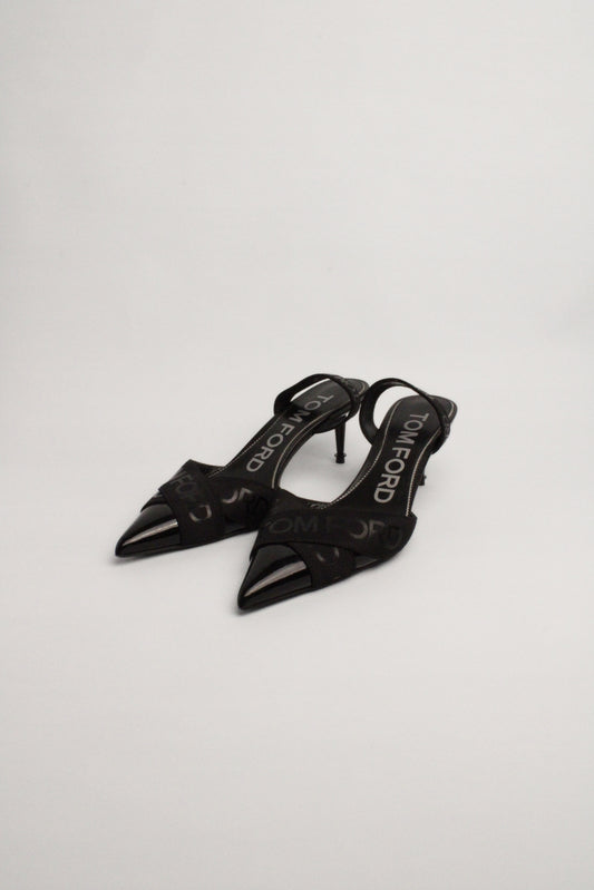 Tom Ford Black Patent Leather Logo Slingbacks Size 37